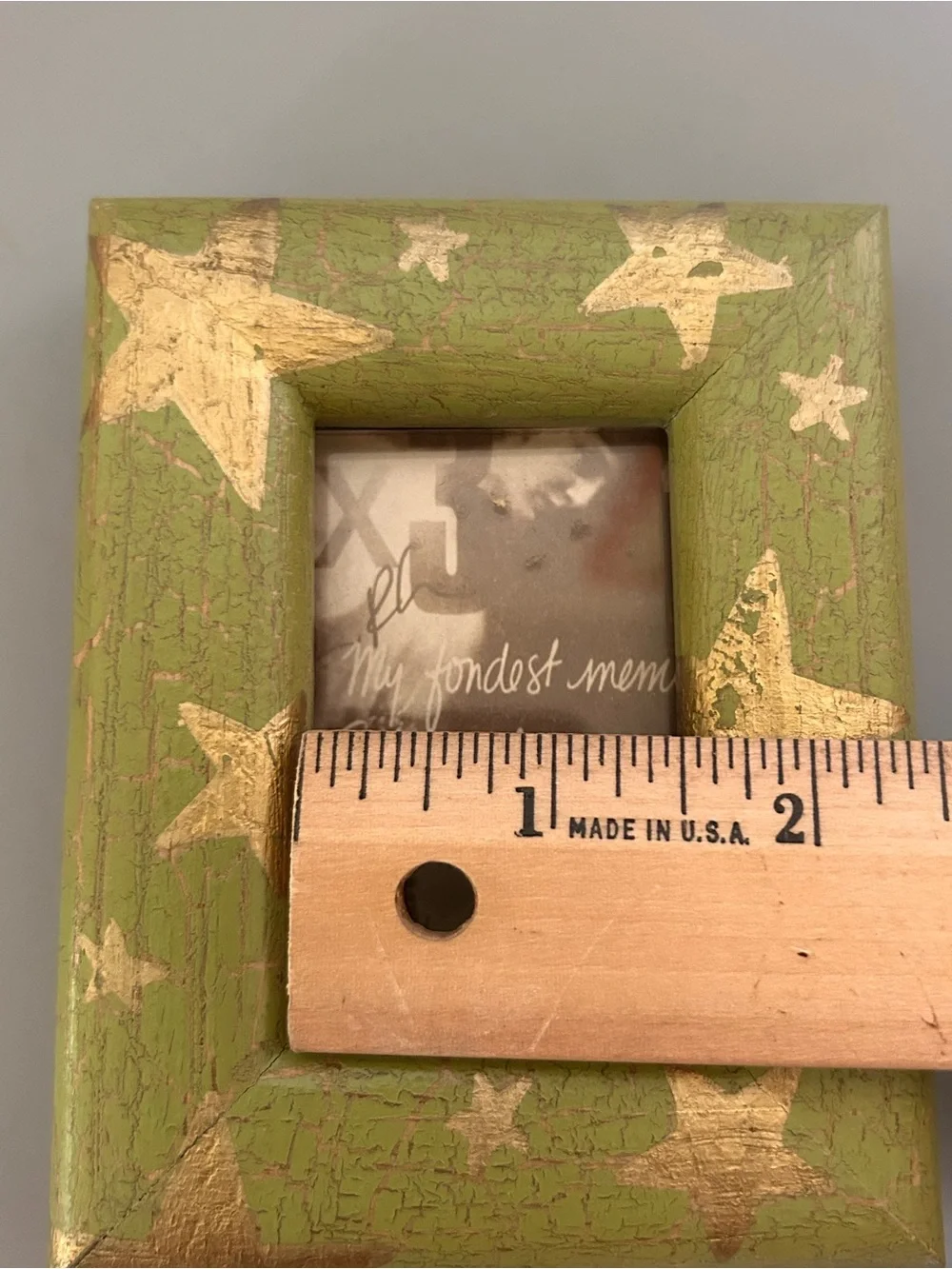 Wooden Hand Painted Green Gold Picture Frame Stars Rustic Country Shabby Mini